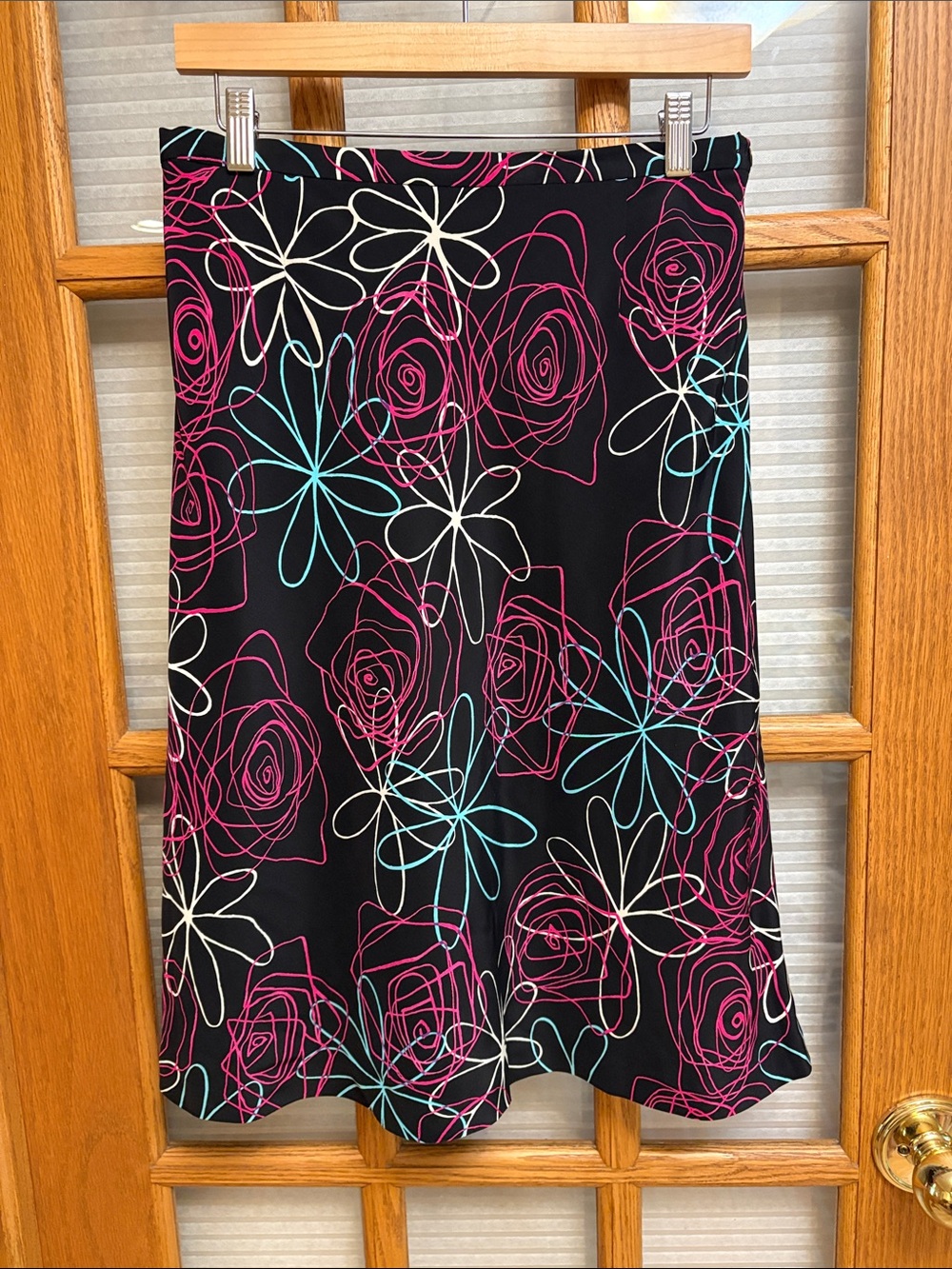 EUC Jacobson's Black Silk Skirt with Pink, Teal & White Floral Lines